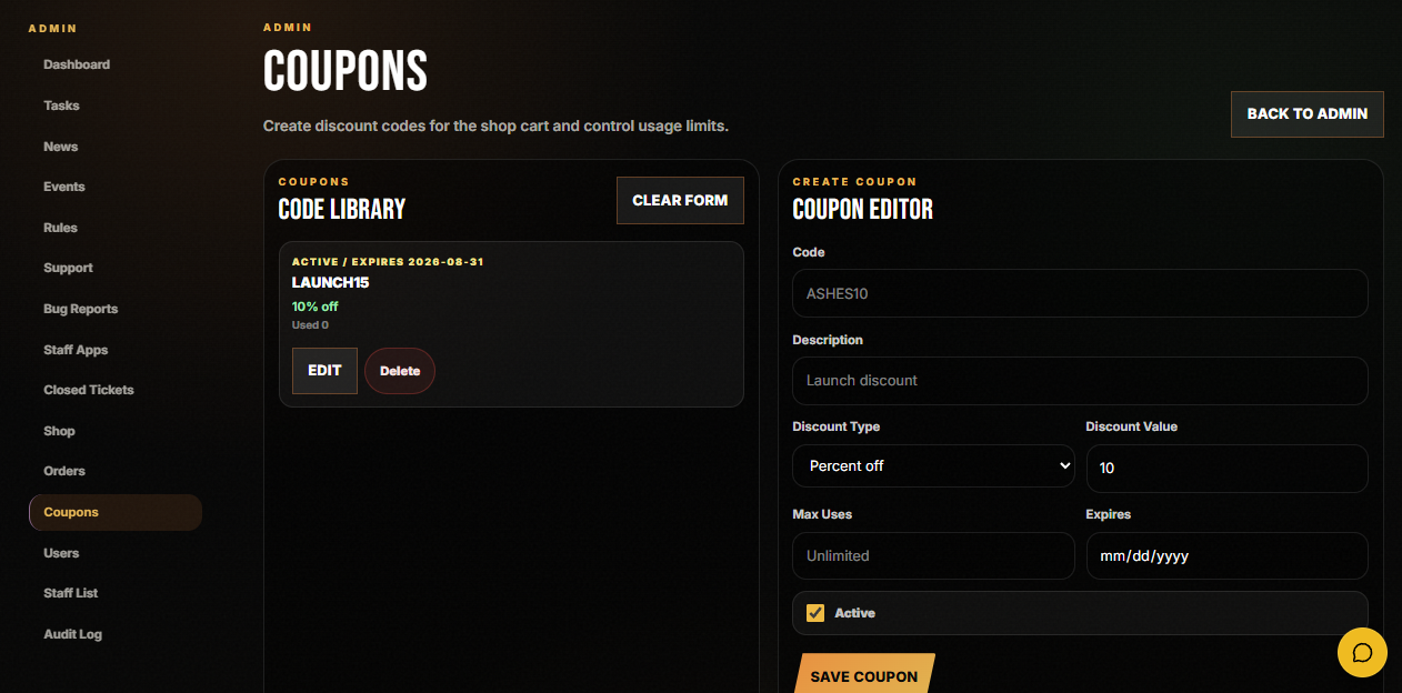 Project Ashes coupon editor