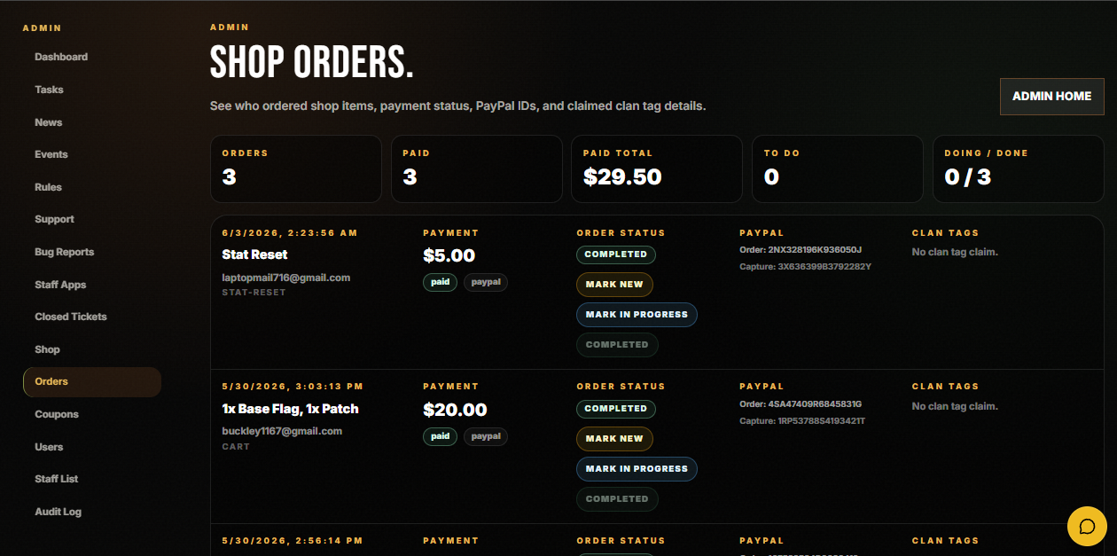 Project Ashes shop orders