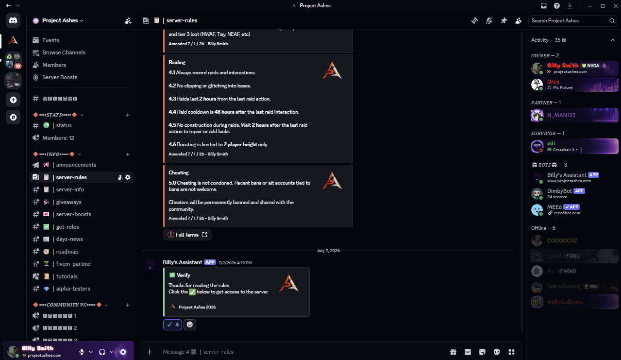 Project Ashes Discord rules