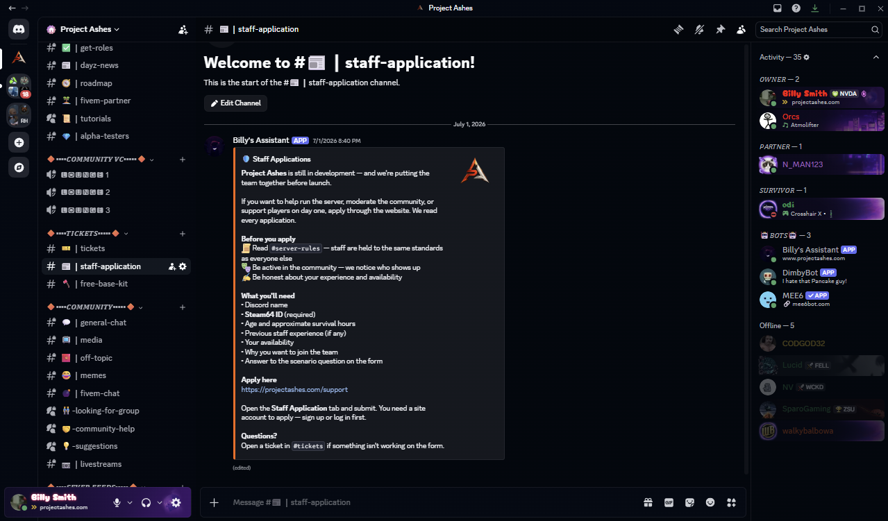Project Ashes staff application post