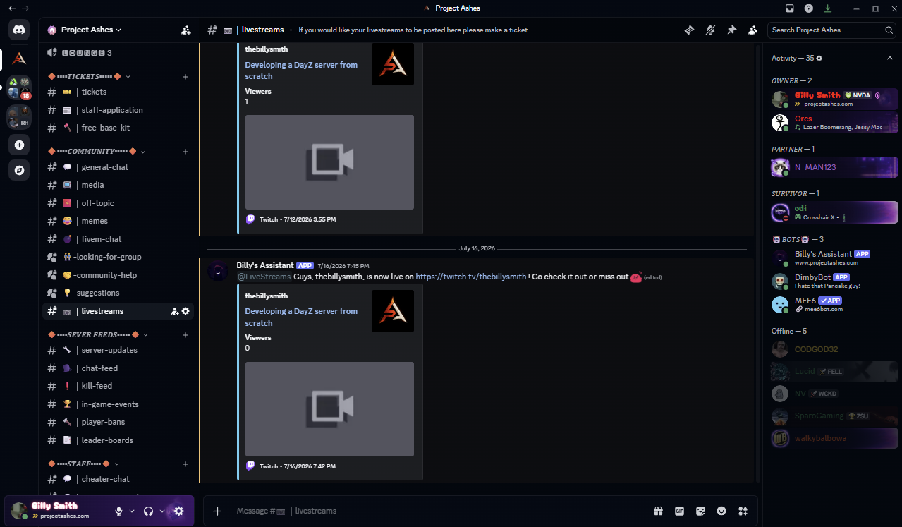 Project Ashes livestream alerts