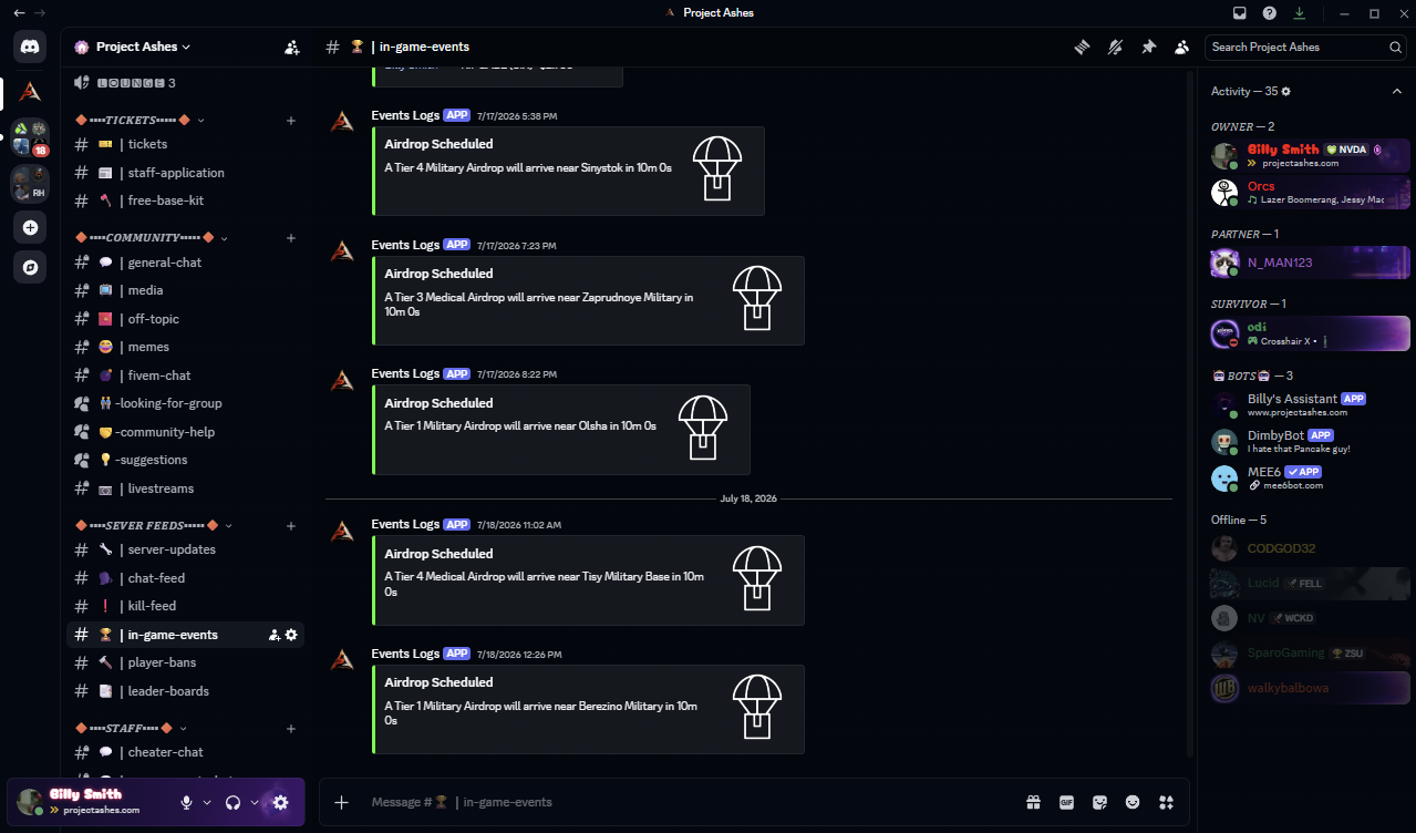 In-game events and airdrop system feed