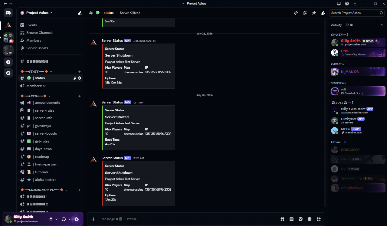 Live server status and monitoring feed
