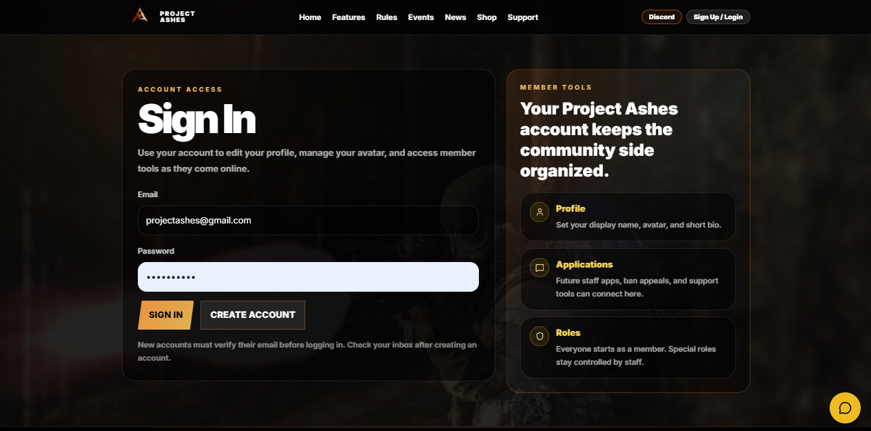 Project Ashes sign in